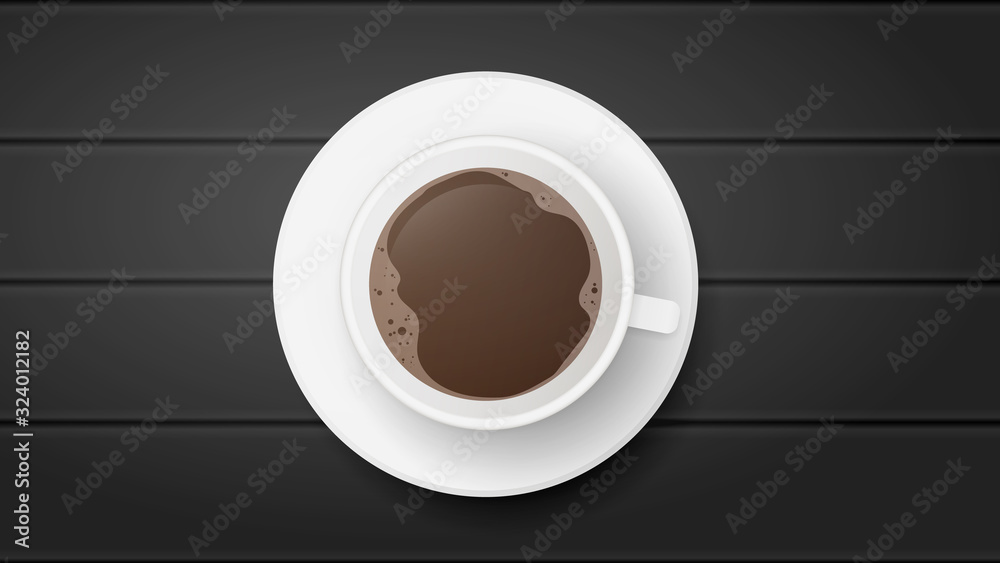 Cup of coffee on the table top view. White cup with a coffee drink in the center of the picture. Black background. Espresso, Americano. Vector illustration. Cup of coffee on the table top view. White cup with a coffee drink in the center of the picture. Black background. Espresso, Americano. Vector illustration.