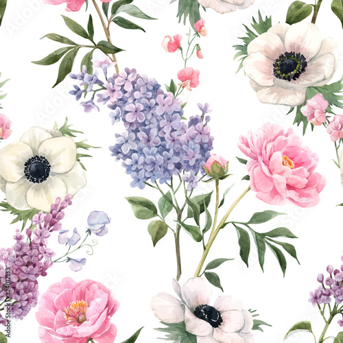 Beautiful vector seamless floral pattern with watercolor anemones, lilac and peony flowers. Stock illustration.