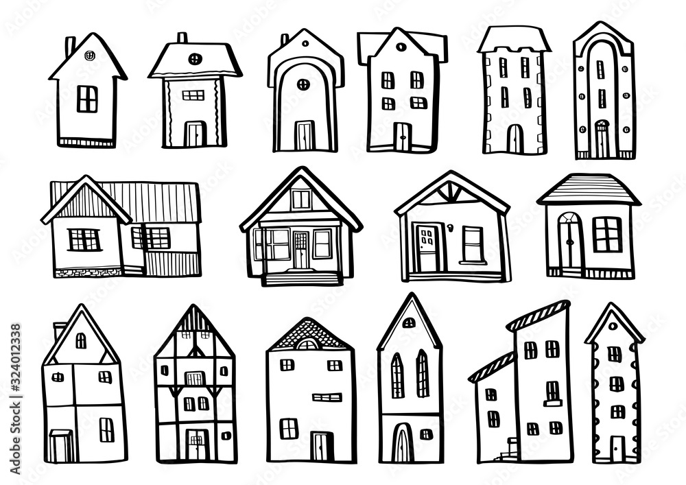 Set houses in hand drawn doodle style isolated on white background. Vector outline stock illustration architecture.