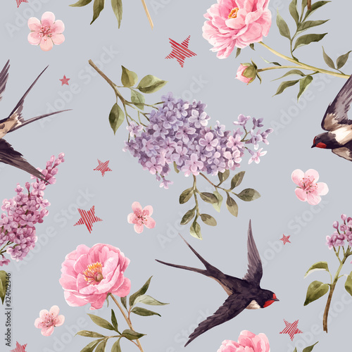 Beautiful vector gentle spring seamless floral pattern with watercolor anemone, lilac, peony flowers and swallow birds. Stock illustration.