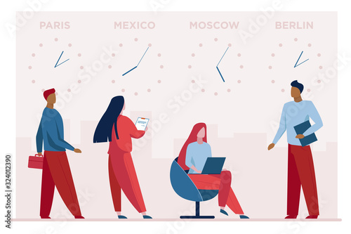 Local time zones. People near clocks with time of different cities flat vector illustration. Worldwide business, international company branch concept for banner, website design or landing web page