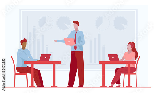 Business leader instructing workgroup. Team using laptops on office flat vector illustration. Corporate discussion, communication concept for banner, website design or landing web page