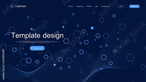 Website template design. Asbtract scientific background with colorful dynamic waves, hexagonal innovation pattern. Modern landing page for websites or apps. Vector illustration.