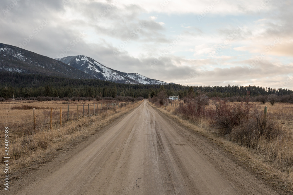 Long dirt road heading toward snow covered mountain