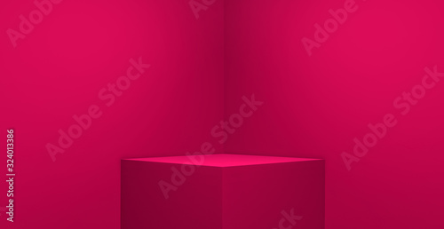3D rendering of pink magenta background with squares for empty pedestal, blank stand for product and display on pink minimal background photo