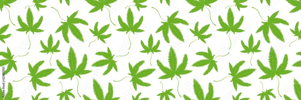 Abstract Green and White Seamless Pattern with Medical Marijuana. Cannabis Plant Symbol with Leaves isolated on White Background. Raster Illustration