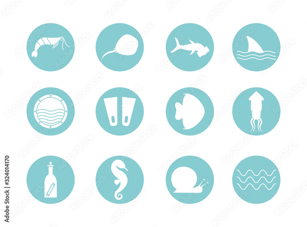 Isolated sea life block style icon set vector design Isolated sea life block style icon set vector design