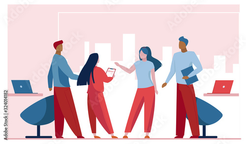 Business partners meeting in office. Businesspeople standing and talking flat vector illustration. Partnership, cooperation, discussion concept for banner, website design or landing web page