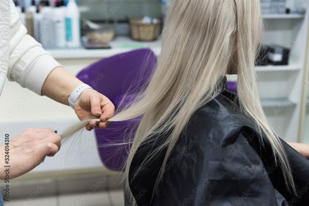 Straightening hair with flat iron. Blondie young woman in beauty salon. Hair procedures by professional hairdresser Straightening hair with flat iron. Blondie young woman in beauty salon. Hair procedures by professional hairdresser