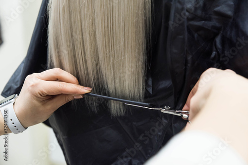 Young blondie having haircut and hairstyle in beauty salon. Professional hairdresser cut straight client’s hair after hair care beauty procedures.
