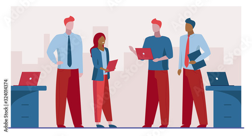 Four business people discussing project. Office staff sharing ideas flat vector illustration. Business meeting, conference, seminar concept for banner, website design or landing web page