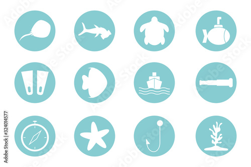 Isolated sea life block style icon set vector design