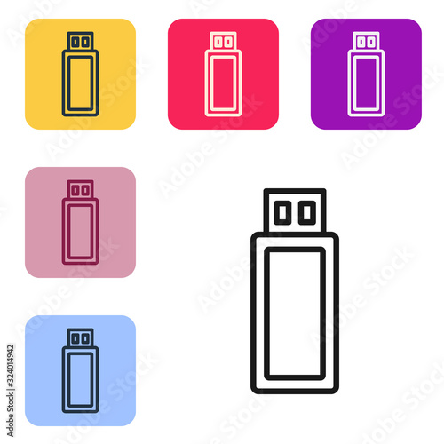 Black line USB flash drive icon isolated on white background. Set icons in color square buttons. Vector Illustration