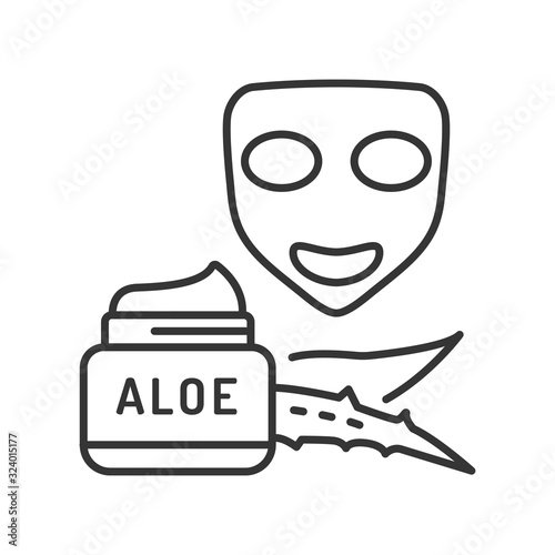 Using aloe mask black line icon. Using mask with aloe to soothing, deep-penetrating treatment for irritated or inflamed skin. Face skincare. Pictogram for web page, mobile app, promo. Editable stroke.