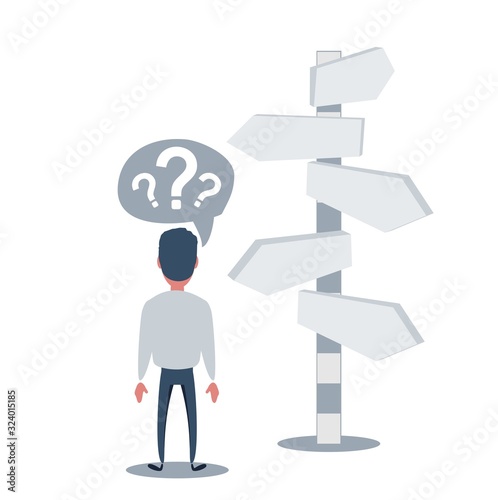 Right direction. A businessman looks at arrows pointing to many directions. Concept business vector illustration