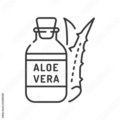 Aloe oil black line icon. Oil made from aloe. Viscous liquid. Moisturizes and nourishes the skin. Skincare. Also used for massage. Editable stroke.