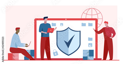 Antivirus and data safety. Developers with laptops standing near monitor with shield flat vector illustration. Software, access, safeguard concept for banner, website design or landing web page