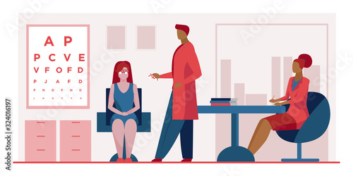 Ophthalmologist and nurse checking woman eyesight. Female patient sitting in oculist cabinet flat vector illustration. Vision test, ophthalmology concept for banner, website design or landing web page