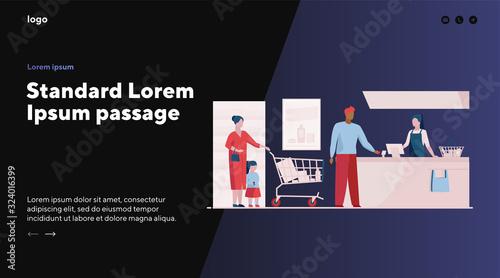 Queue at checkout in supermarket. Customers, cashier, check register flat vector illustration. Shopping, grocery store, payment concept for banner, website design or landing web page