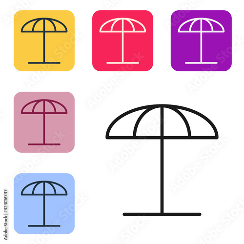 Black line Sun protective umbrella for beach icon isolated on white background. Large parasol for outdoor space. Beach umbrella. Set icons in color square buttons. Vector Illustration