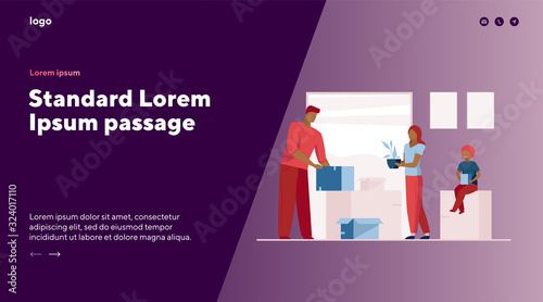 Family moving to new home. People unpacking boxes and carrying home plants flat vector illustration. Rent, mortgage, relocation concept for banner, website design or landing web page