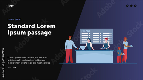 Fast food restaurant counter. Checkout, cashiers, menu, customers with trays flat vector illustration. Cafe, diner, eating concept for banner, website design or landing web page