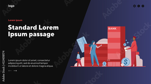 Customers with money standing near bank building. Clients, dollar coins, credit cards flat vector illustration. Finance, loan, online transfer concept for banner, website design or landing web page