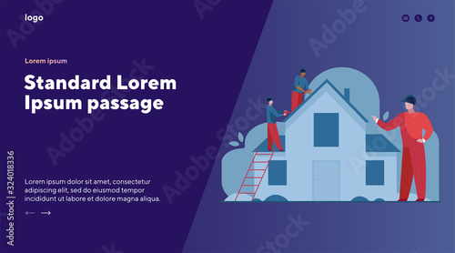 Workers repairing roof. Constructor group, roofers, foreman, house flat vector illustration. Renovation, housekeeping, improvement concept for banner, website design or landing web page