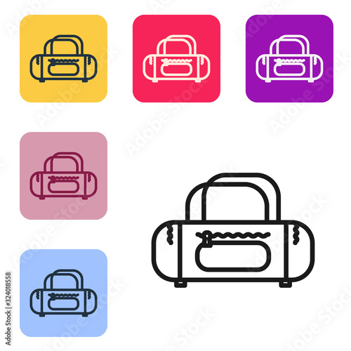 Black line Sport bag icon isolated on white background. Set icons in color square buttons. Vector Illustration