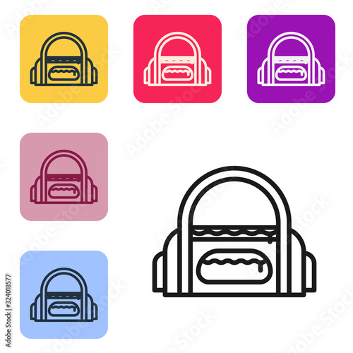 Black line Sport bag icon isolated on white background. Set icons in color square buttons. Vector Illustration