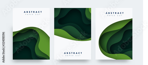 Vertical banners set with 3D abstract background and paper cut shapes. Vector design layout for business presentations, flyers, posters and invitations. green carving art