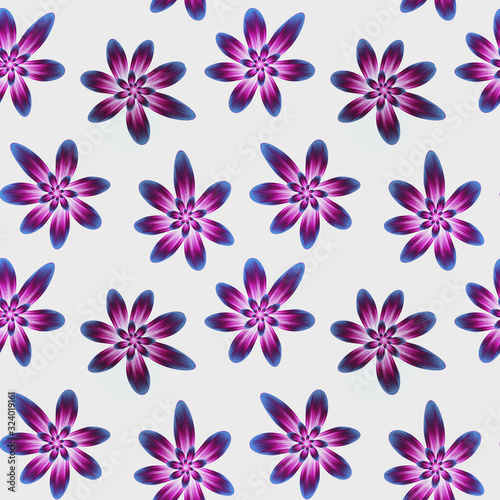 Seamless repeat pattern with flowers in blue and pink on white background. drawn fabric, gift wrap, wall art design.
