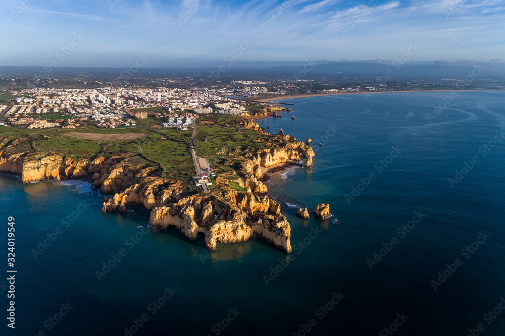Aerial view of the beautiful city of Lagos from the Ponta da Piedade headland, in Algarve, Portugal