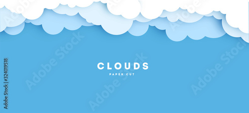 Cloudy paper cut art, vector illustration. Volumetric cloudscape horizontal background. Banner with 3d clouds on blue sky