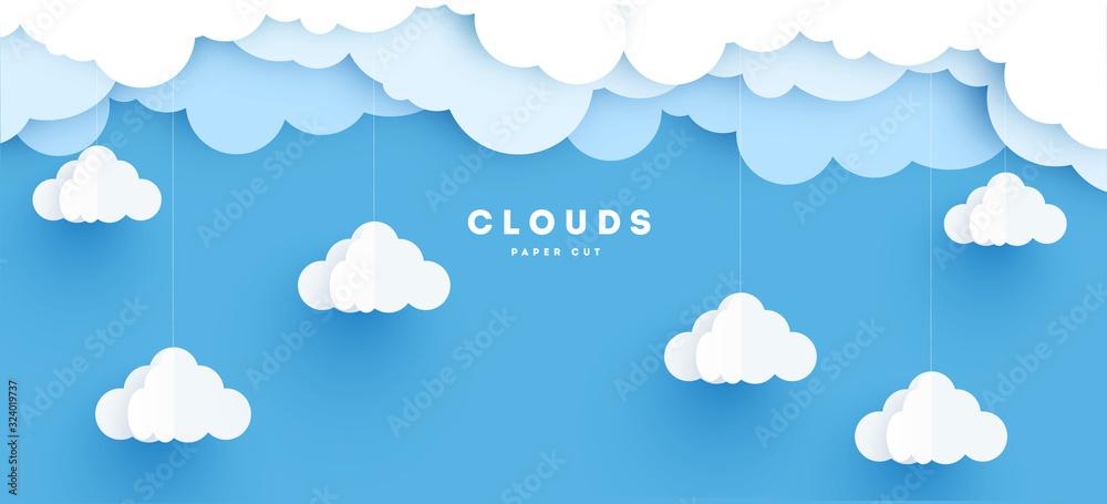 Cloudy paper cut art, vector illustration. Volumetric cloudscape horizontal background. Banner with 3d clouds on blue sky Cloudy paper cut art, vector illustration. Volumetric cloudscape horizontal background. Banner with 3d clouds on blue sky