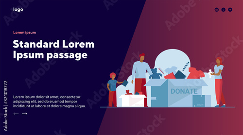 Family packing donation box. Clothes and toys for needy people flat vector illustration. Volunteering, charity, goodwill concept for banner, website design or landing web page