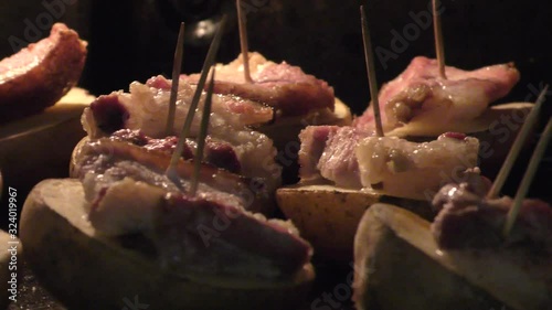Food photo. Roasted meat in the oven. The undercoats are baked in a potato oven. Home kitchen. Healthy food.