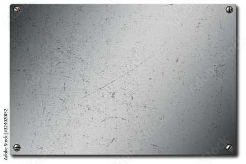 3D illustration of scratched steel metal plate with screw nails heads isolated on white background
