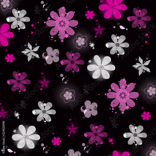 Floral seamless pattern. Female print with repeating small flowers. White, gray, pink, purple on black background. Illustration.