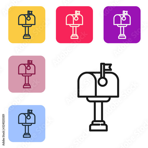 Black line Mail box icon isolated on white background. Mailbox icon. Mail postbox on pole with flag. Set icons in color square buttons. Vector Illustration