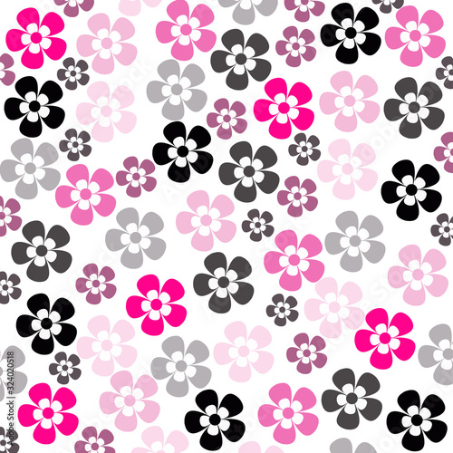 Floral seamless pattern. Female print with small flowers. Black, gray, pink, purple on white background. Illustration.