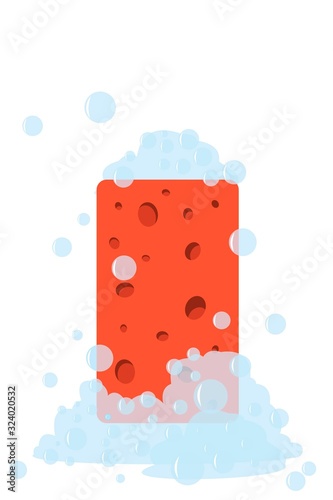 Red washcloth in soapy foam bubbles isolated on white background. Vector illustration.
