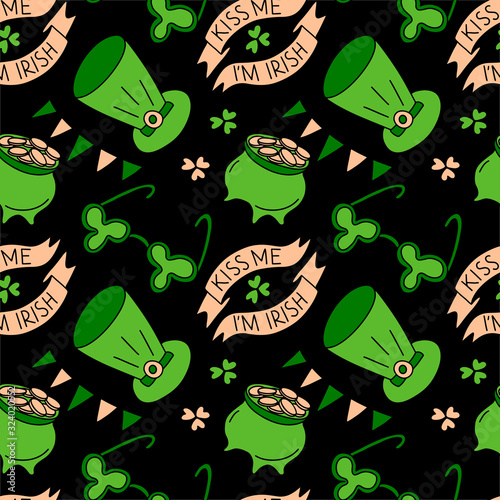 Hand drawn seamless pattern Saint Patrick's Day traditional symbols. Banner, clover, ribbon, glasses, text, leprechaun hat, pot of gold coins vector illustration isolated. Wrapping, textile, wallpaper