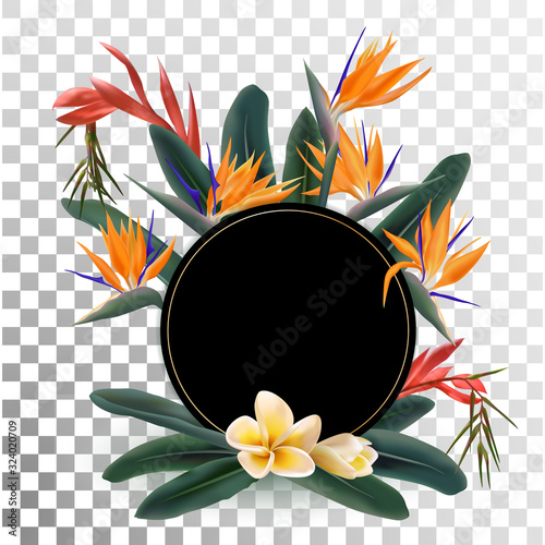 Tropical flowers bouquet circle frame