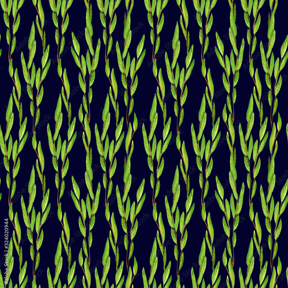 Seamless watercolor pattern with green leaves on willow branches on dark blue background. Vintage style. Botany pattern for wrapping paper, fabrics, invitations. Seamless watercolor pattern with green leaves on willow branches on dark blue background. Vintage style. Botany pattern for wrapping paper, fabrics, invitations.