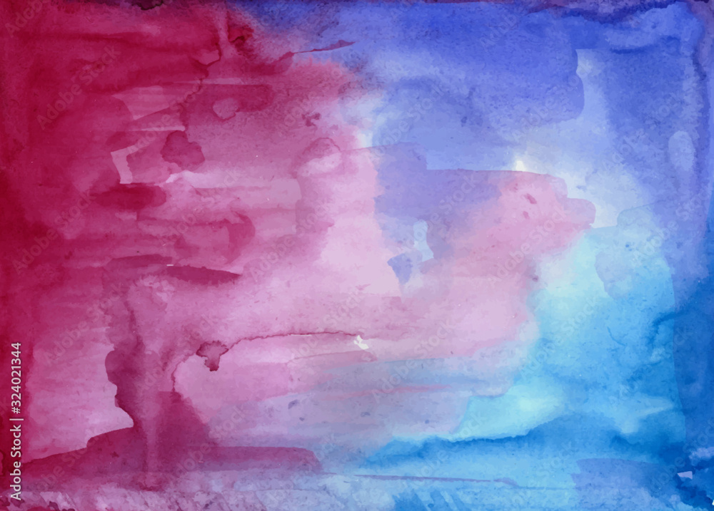Bright blue and magenta abstract wet watercolor background. 