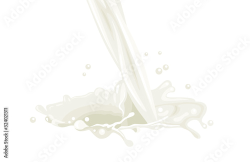 Pouring milk isolated on white background. Vector illustration of splashes and drops of milk in cartoon flat style. Flow milk.