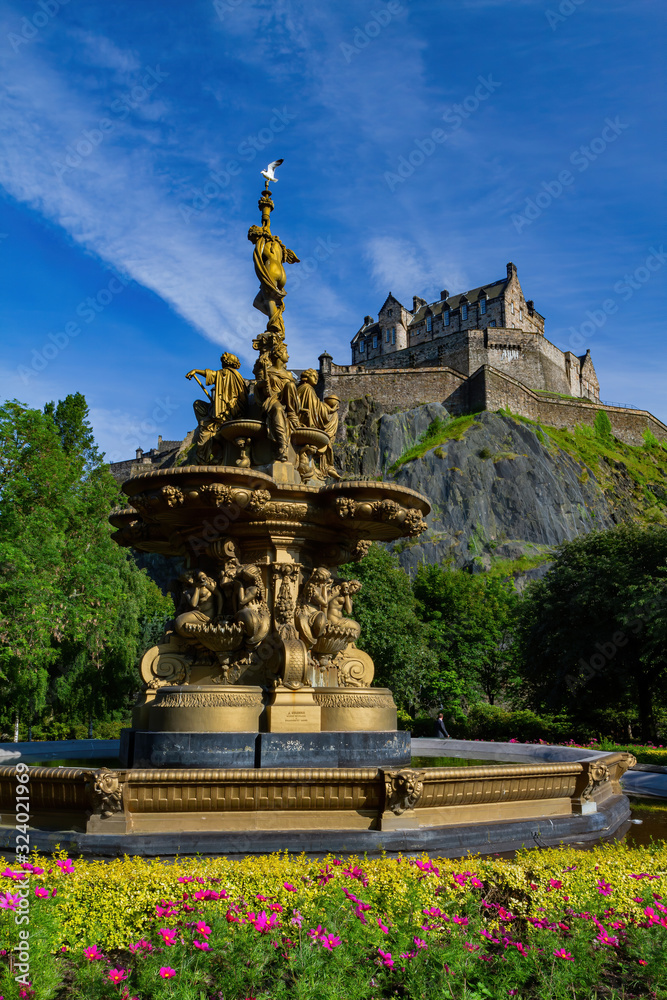 Afternoon sunny view of the Ross Fountain and Ediburgh Castle
