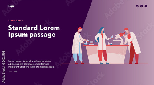 Lab assistants doing research. People in white coats using microscope, test tubes flat vector illustration. Laboratory, chemistry, medical test concept for banner, website design or landing web page