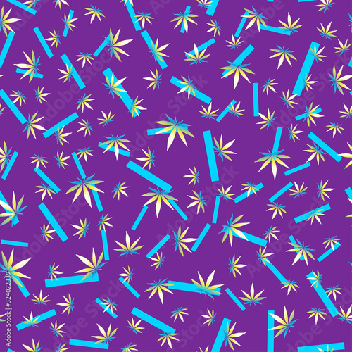 Hemp leaves with gradient on a blue background. Abstract seamless